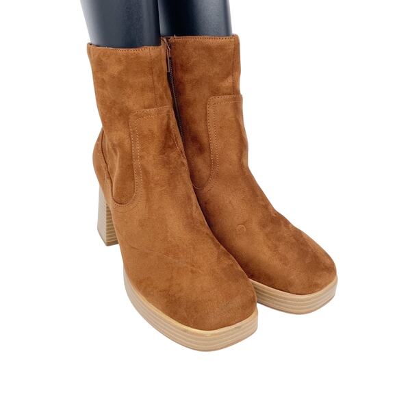 BP Women's Keyla Fab Platform Brown Faux Suede Block Heel Ankle Boots Size 10M - Picture 1 of 13